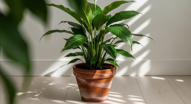 A Potted Peace Lily With Lush, Glossy Dark Green Leaves