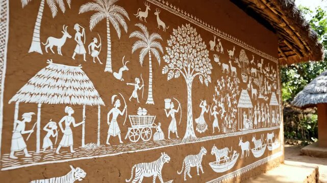 A traditional Warli-inspired cultural scene arranged as a clean folk-art collection, tribal daily life, dance and farming motifs in rhythmic composition, heritage atmosphere with minimal earthy