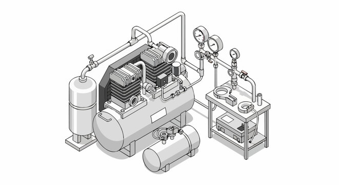 Isometric Industrial Air Compressor System Illustration, Mechanical Engineering Technical Drawing with Tanks, Gauges, and Pipes