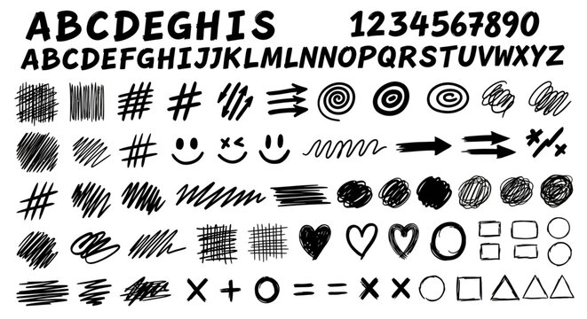 A comprehensive collection of hand-drawn vector elements featuring scratchy alphabets, numbers, and diverse doodle shapes for creative design projects and unique visual communication