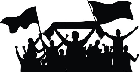 Football fans silhouettes with flags and scarves cheering supporters isolated on white background © Ascreator