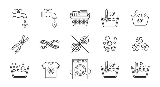 A set of icons depicting laundry and garment care symbols, useful for labeling clothing or care instructions