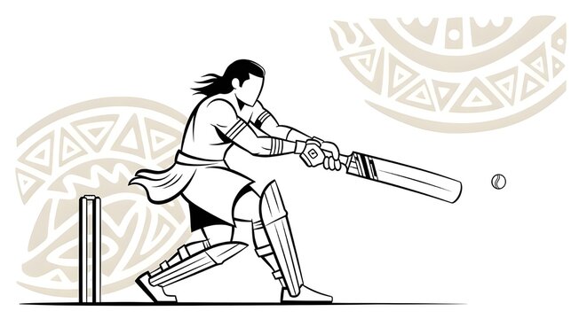 Cricket batsman swinging bat, tribal pattern background