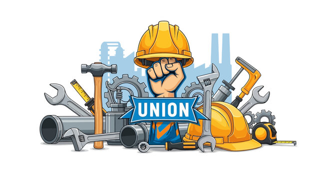 Labor union worker with tools and hard hat showing strength