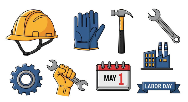 Labor Day graphic illustration with tools and industrial icons for May 1st celebration