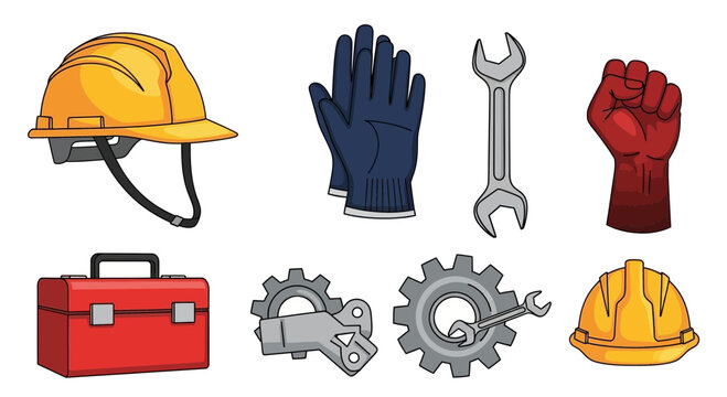 Construction tools and safety equipment vector illustration set