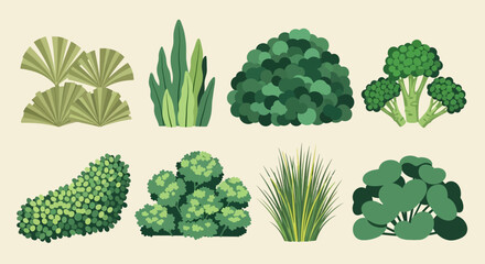Assortment of vibrant green garden plants and decorative foliage elements for landscape design, featuring a variety of bushes, shrubs, and natural vegetation illustrations © HUANG