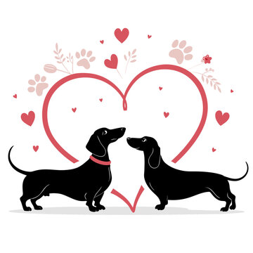 two dachshund dog silhouettes forming a heart shape, romantic pet love concept, minimal vector illustration isolated on white