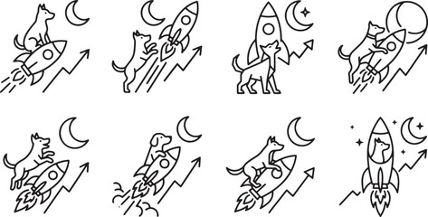 Fototapeta premium Motivated dogs riding rockets representing high growth and financial success metaphors