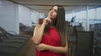Fototapeta premium Woman shrugs with palms up beside airport seating and large windows, wearing red top, expression unsure as she waits and shifts to a thinking pose; uncertainty.