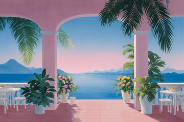 Fototapeta premium Tropical seaside terrace illustration in pastel colors and soft style