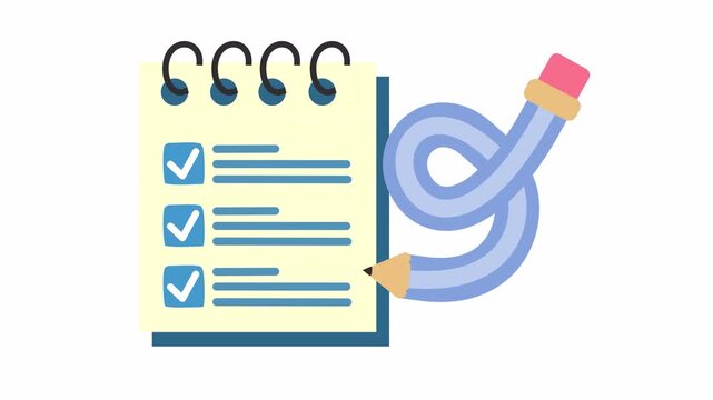 Correct checkmark on spiral notebook checklist icon with flexible blue pencil cartoon isolated on an alpha channel. Flat design animation of task management and approved document validation project.