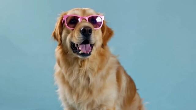 This features a joyful golden retriever donning pink sunglasses and set against a soft blue backdrop, exuding a playful and carefree atmosphere.
