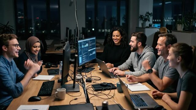 Group of colleagues working late at night around computers, collaborative energy in dimly lit office, focused yet cheerful expressions, digital screens casting soft glow, cinematic teamwork