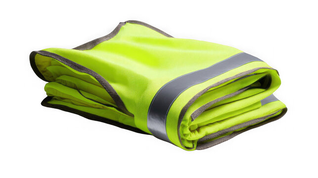 A folded neon green safety vest with reflective strips on a transparent background