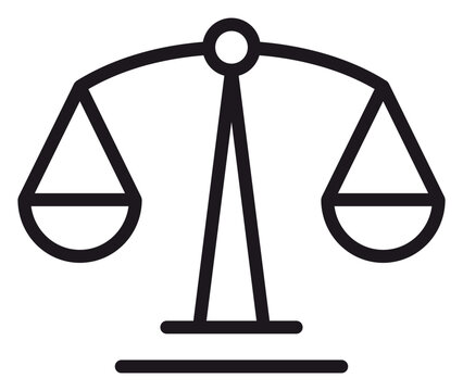 Scales of Justice Vector Icon Illustration, Minimalist Black Line Art Symbol for Law, Legal System, Courtroom, Equality, and Judgment, Scalable Graphic Design Element on White Background.