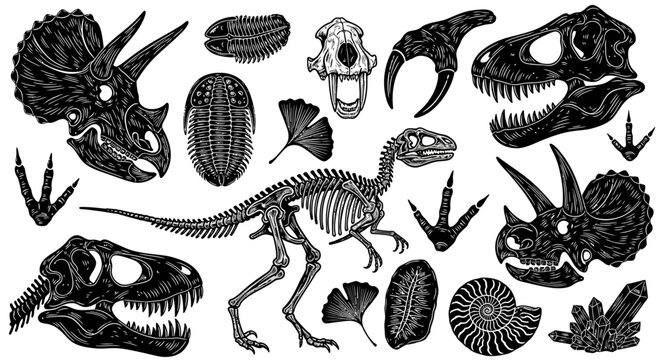 Engraved collection of ancient dinosaur fossils, detailed prehistoric creature skeletons, and primitive plant remnants, ideal for scientific and historical themed designs