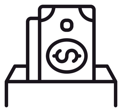 Black vector icon illustration of a donation box with dollar bills, representing charity, financial contribution, payment, or savings, minimalist line art symbol isolated on white background.