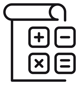 Minimalist black vector icon illustration of a paper scroll or document featuring mathematical operation symbols like plus, minus, multiplication, and equals for accounting and finance.