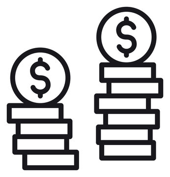 Black vector icon illustration of two stacks of dollar coins, representing money, wealth, savings, finance, and banking. Minimalist line art symbol for business, investment, and growth concepts.