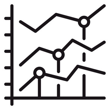 Black minimalist vector icon illustration of a line chart with three data series, showing trends, growth, and analytics on a coordinate system with axes for business and finance reports.