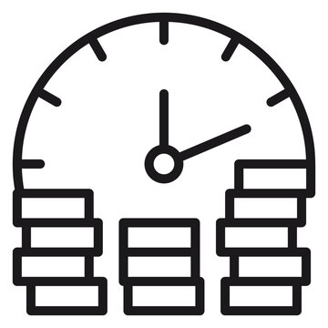Time is money vector icon illustration featuring a minimalist black line art clock face with stacks of coins, representing financial growth, investment, savings, and productivity concepts.