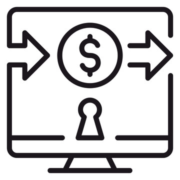 Secure digital money transfer and online banking vector icon featuring a computer monitor with a dollar sign, directional arrows for transactions, and a keyhole symbol for financial security.