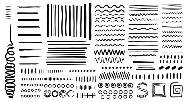 Versatile collection of hand-drawn doodle lines, artistic brush strokes, and diverse graphic elements, featuring wavy, straight, zigzag, and dashed patterns for creative design