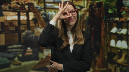 Fototapeta premium Woman making ok sign over eye with hand in building retail shop filled with shoes and shelves and display racks; playful confidence.
