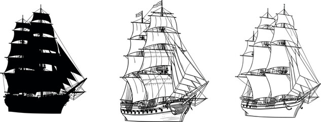 Vintage Sailing Ship Vector Collection Featuring Detailed Tall Ship Sketches and Black Silhouette Icons for Nautical Maritime and Historical Sea Adventure Designs © MDHAFIJUDDIN