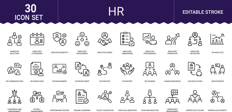 HR line icons set editable stroke candidate selection employee attendance benefits engagement