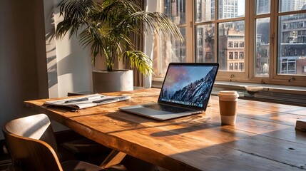 Fototapeta premium Digital Nomad Working on Laptop with Copy Space in Minimal Remote Setup. Concept: Digital nomad lifestyle, remote work freedom, flexible business, location-independent work