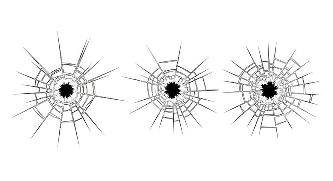 Set of three realistic bullet hole cracks on white background, graphic design elements