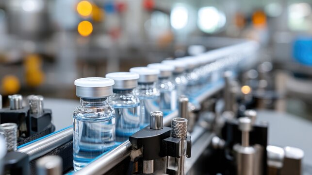 Vial of blue liquid moves along conveyor belt in food and medical packaging factory during production process