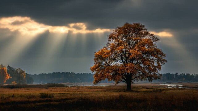 A solitary tree stands majestically against a dramatic sky, illuminated by beams of sunlight. The scene captures the beauty of nature in a serene and tranquil environment.