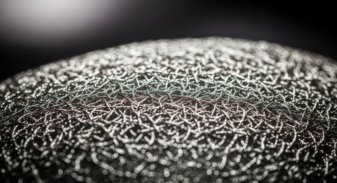 Detailed close-up of a fine woven metal mesh with a complex interwoven pattern, showcasing intricate texture and metallic sheen.