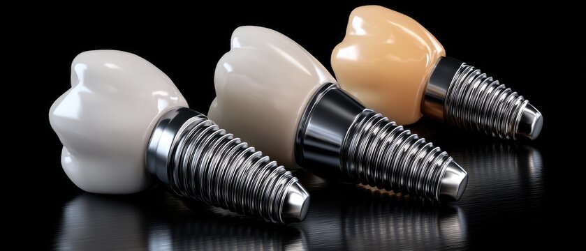 3d rendering shows dental implants and teeth with titanium implants, focused on one tooth on a black background