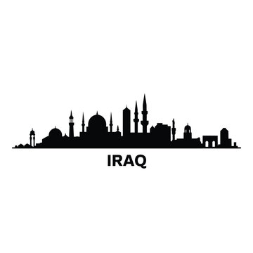 Silhouette of a city skyline with the word iraq underneath