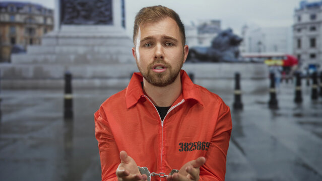 Prisoner man in orange jumpsuit with handcuffed hands held forward on street; remorse apology plea mercy.