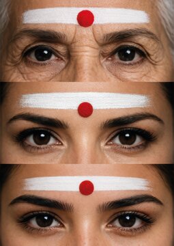 Vertical triptych of an Indian woman with bindi and white tilak, illustrating beauty and identity across three life stages.