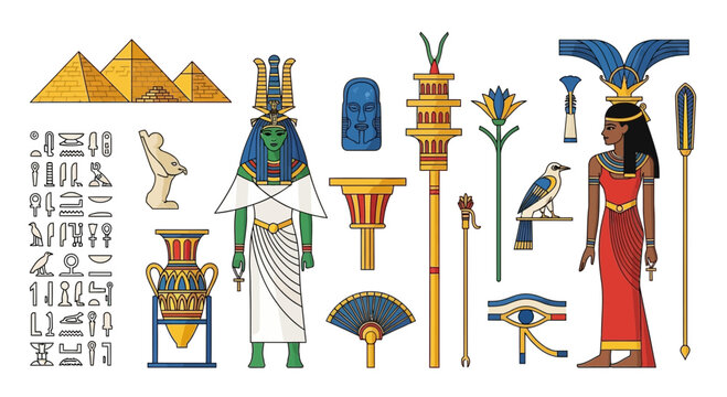 Ancient Egyptian Symbols and Figures: Pyramids, Hieroglyphs, Gods, Goddesses, and Artifacts