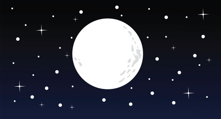 Naklejka premium Full Moon Illustration in the Dark Starry Night Sky with Bright Glowing Stars and Galaxy Background.