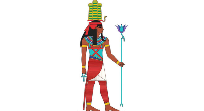 Ancient Egyptian Goddess Isis with Ankh and Lotus Scepter, Hieroglyphic Style Illustration