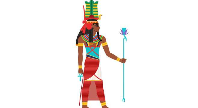 Ancient Egyptian Goddess Isis with Ankh and Scepter, Hieroglyphic Art Style