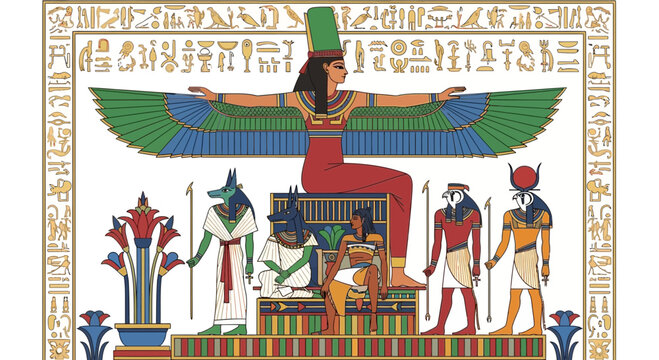 Ancient Egyptian Gods and Goddesses Gathering, Hieroglyphs, Isis, Anubis, Ra, Osiris