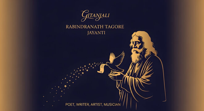 Golden line art illustration of author Rabindranath Tagore holding star bird on dark blue background