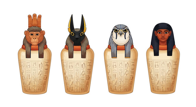 Ancient Egyptian Canopic Jars with Four Sons of Horus Depictions