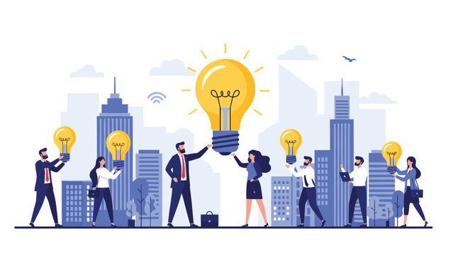 Team of business professionals holding glowing light bulbs in a modern city to represent collaboration and the generation of new ideas.
