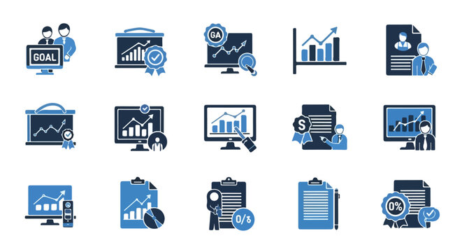 This image is a collection of 15 business and data analysis icons in blue and dark grey, featuring charts, reports, and human figures.