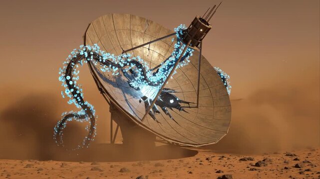 Alien bioluminescent life attacks a broken parabolic antenna on a desolate planet.